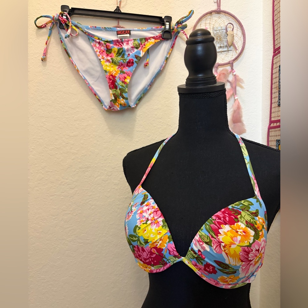 Floral Light Blue Halter Bikini Top and Bottoms